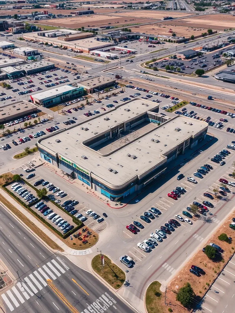 An aerial view of a bustling retail center in Amarillo, Texas, highlighting its strategic location and diverse tenant mix.