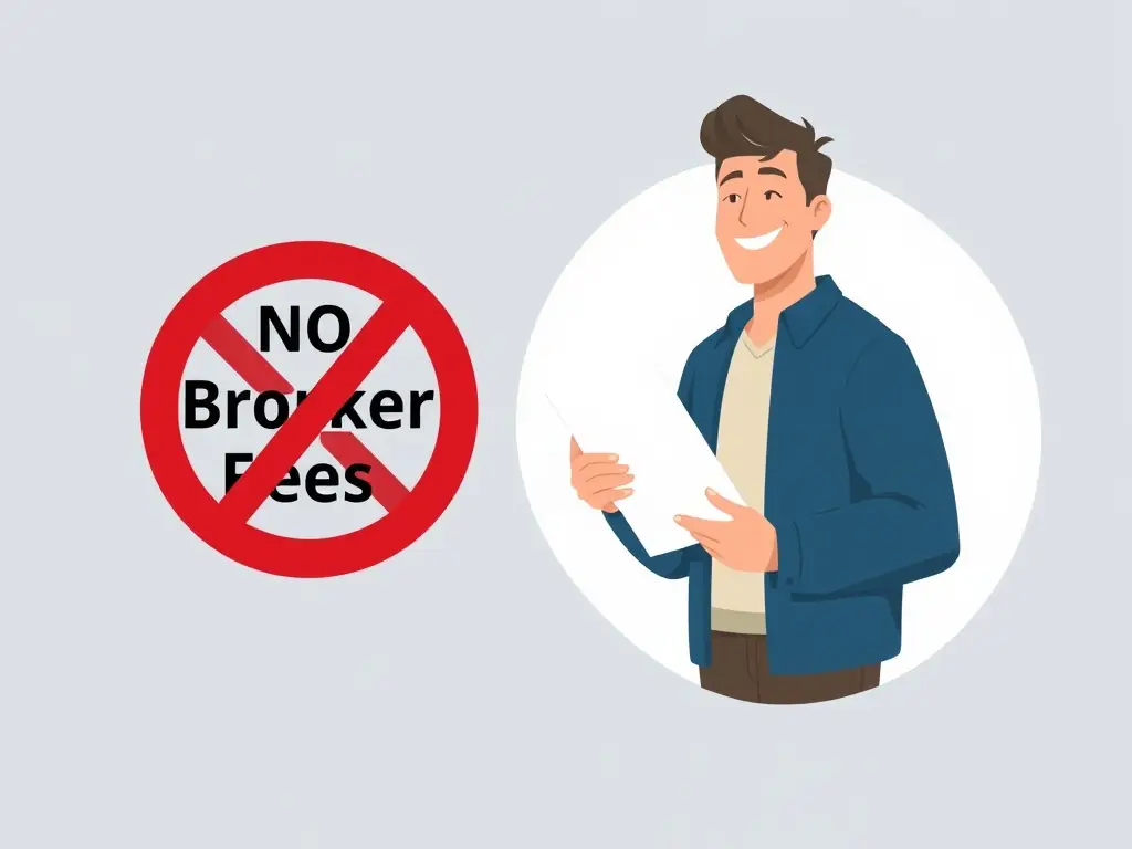 A graphic illustrating the concept of zero broker fees, showing money saved by the seller.