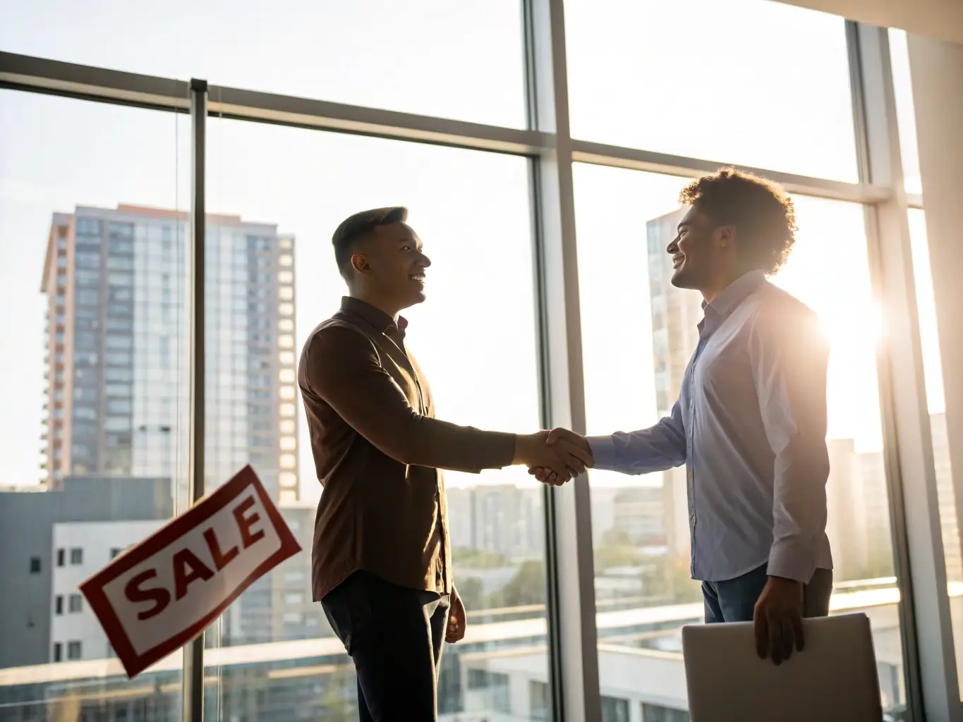 A professional, confident real estate investor shaking hands with a property owner in front of a commercial building, symbolizing trust and a successful deal.